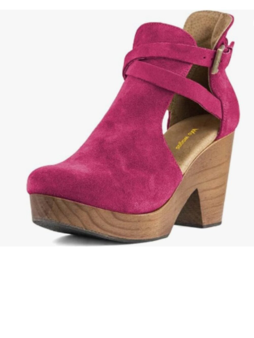 Fuchsia Platform Rounded Toe Cutout Strap Buckle Cork Block High Heel Ankle Boot